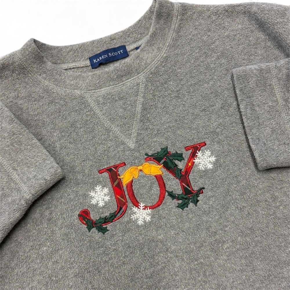 Karen Scott Gray Fleece Sweatshirt Embroidered JOY Holiday Christmas XL
